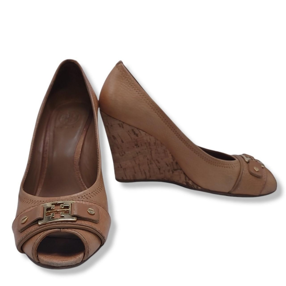 Tory Burch cork platform wedges brown tan gold size women's 9 heel sandals